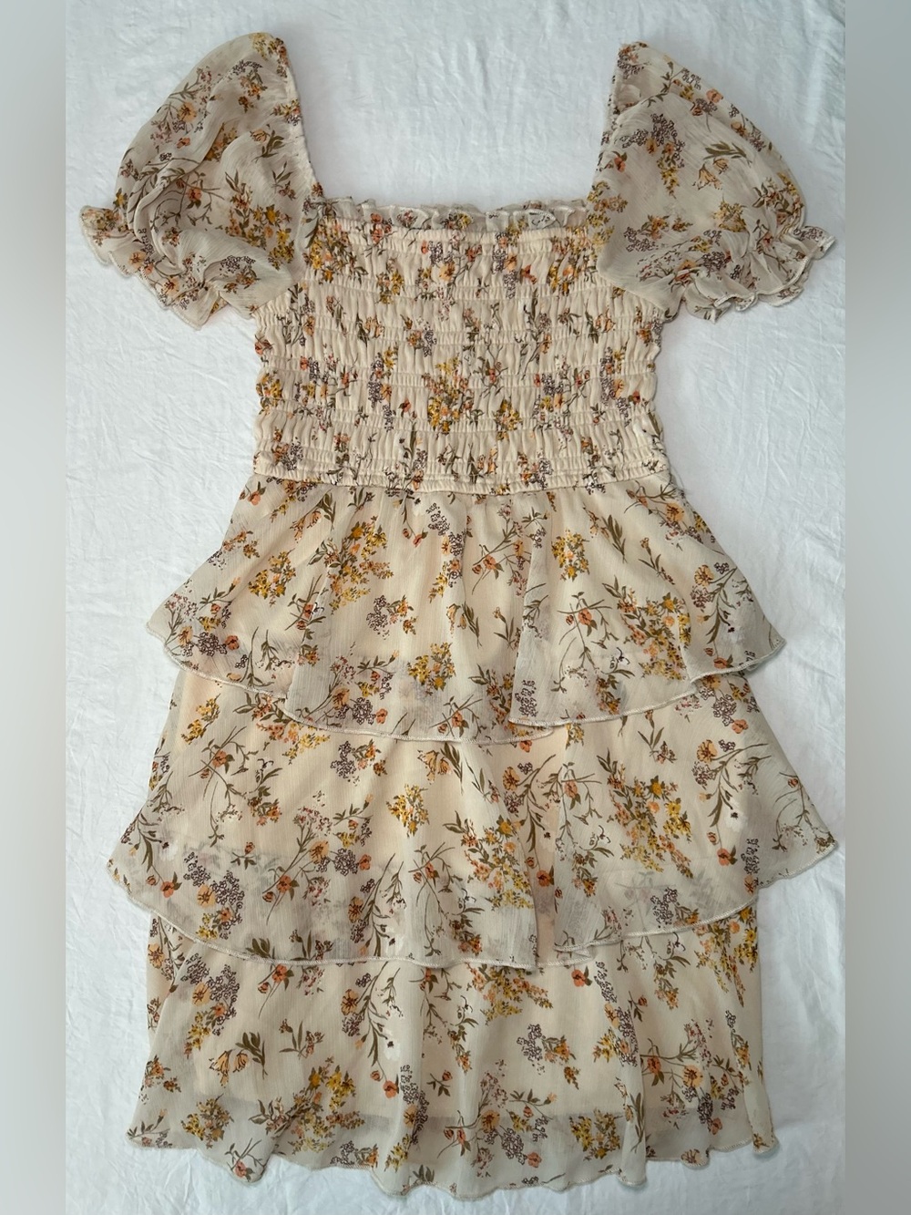 Thirty Thirty LA Smocked Chiffon Floral Tiered Ruffle Dress Small